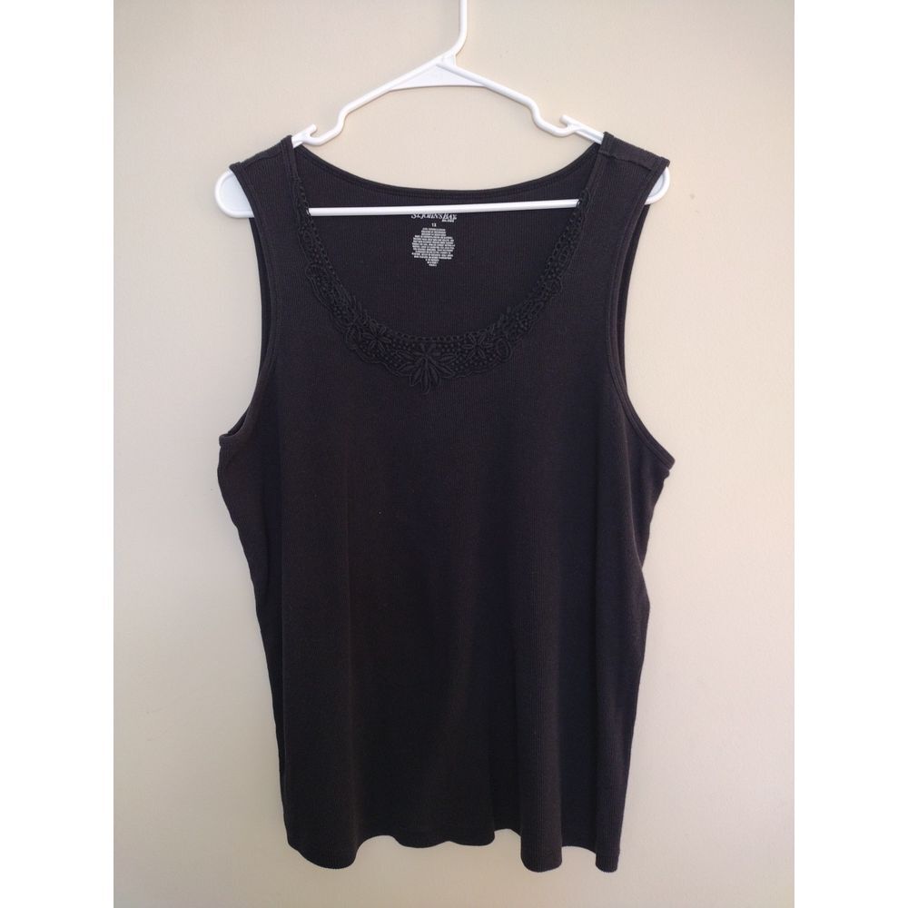 St John's Bay Tank Womens 1X Black‎ Crochet Trim On V Neck  Sleeveless Ribbed - Picture 2 of 8